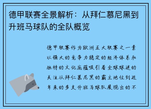 德甲联赛全景解析：从拜仁慕尼黑到升班马球队的全队概览