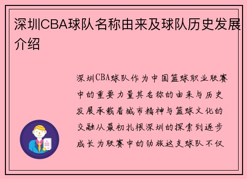 深圳CBA球队名称由来及球队历史发展介绍